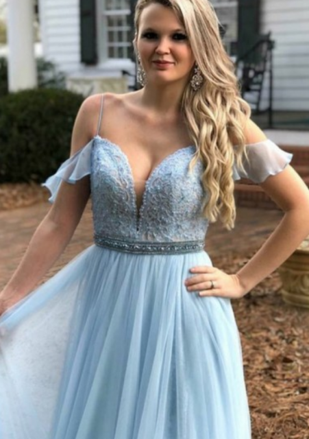 Square Sweep Train Cold Shoulder Blue Chiffon Prom Dress with .
