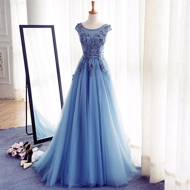 Blue Prom Dress,Modest Prom Dress,Robe De Bal,Formal Dresses,Long .