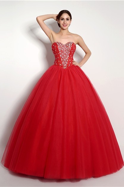 Puffy Ball Gown Strapless Red Tulle Beaded Corset Prom Dre