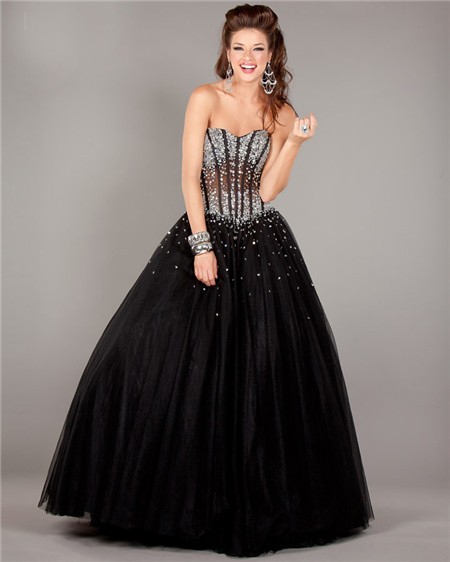 Ball Gown Strapless See Through Corset Black Tulle Beaded Prom Dre