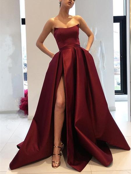 Burgundy Prom Dresses Strapless with Slit | Flosluna – FlosLu