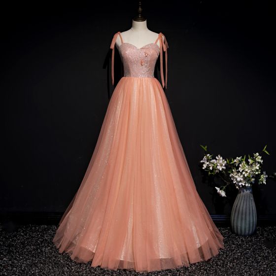 Chic / Beautiful Orange Corset Prom Dresses 2020 A-Line / Princess .