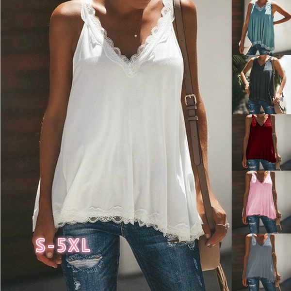 S-5XL New Summer Womens Fashion Tank Top Lace Contrast Cute Tee .