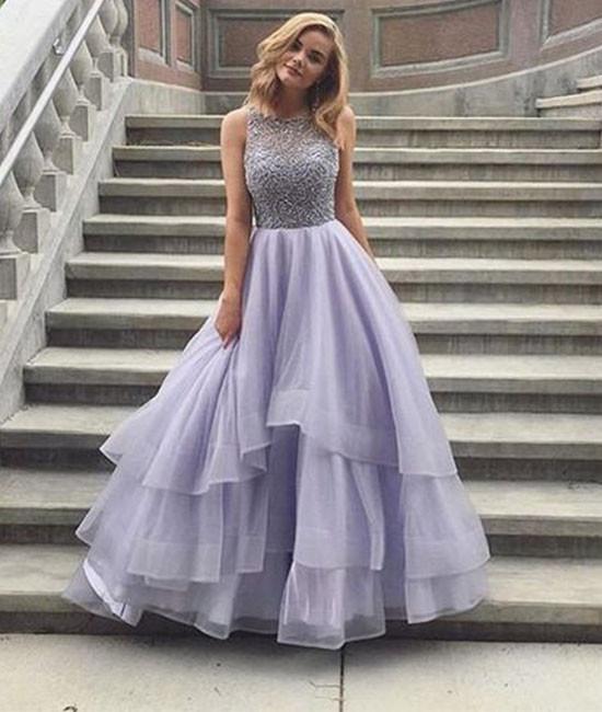 Cute round neck sequin long prom dress, tulle formal dress – shdre