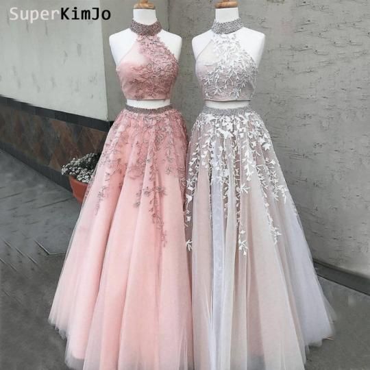 two piece prom dresses 2020 high neck lace appliqué beaded .