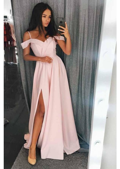 2020 Cute Pink Off the Shoulder Split Satin Prom Dress