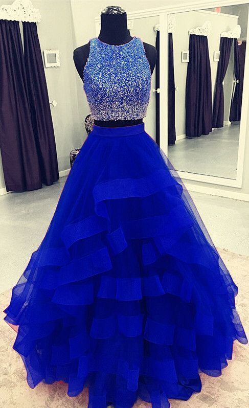 Elegant Tulle Dark Blue Ruffles Ball Gowns, Two Piece Prom Dress .