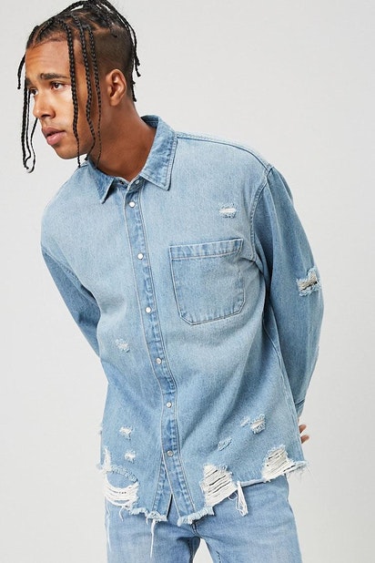 Buy Light Denim Distressed Denim Shirt for Men Online by Forever21 .