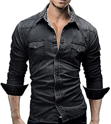 WM & MW Men's Shirts Fashion Long Sleeve Button Retro Denim Shirt .