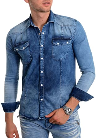 Mens Blue Denim Shirt Thick Fabric Stone wash Long Sleeve Slim fit .