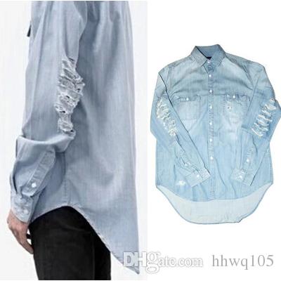 2020 Blue Ripped Denim Shirt For Men Long Sleeve Hi Lo Hem Casual .