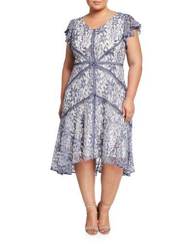 TYV4A Neiman Marcus Plus Size Floral Lace Flutter-Sleeve High-Low .