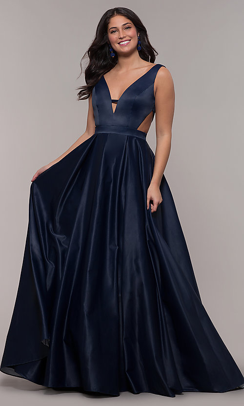 V-Neck Long Designer Prom Dress with Cut Outs-PromGi