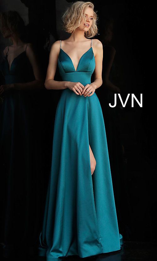 Long V-Neck Designer Prom Dress with Beaded Straps | Prom dresses .