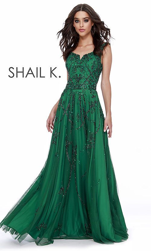 Long Green Scoop-Neck Designer Prom Dress by Shail K | Green .
