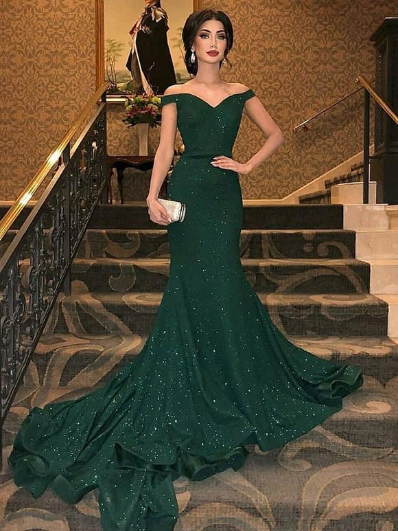 sparkle dazzling formal green long mermaid elegant prom dress .