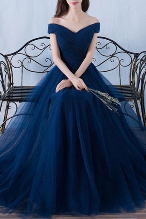 dark blue prom dress,long Prom Dresses,off shoulder prom dress .