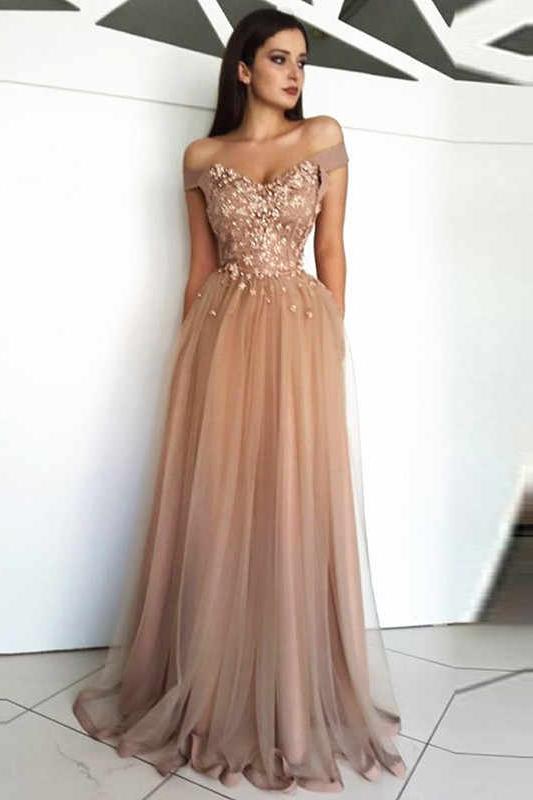 Floor Length Off Shoulder Tulle Evening Dress with Appliques .