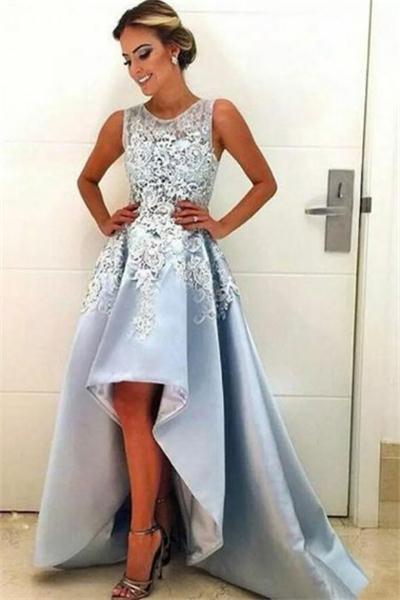 Sky Blue Short Front Long Back Lace Simple Elegant Party Prom .