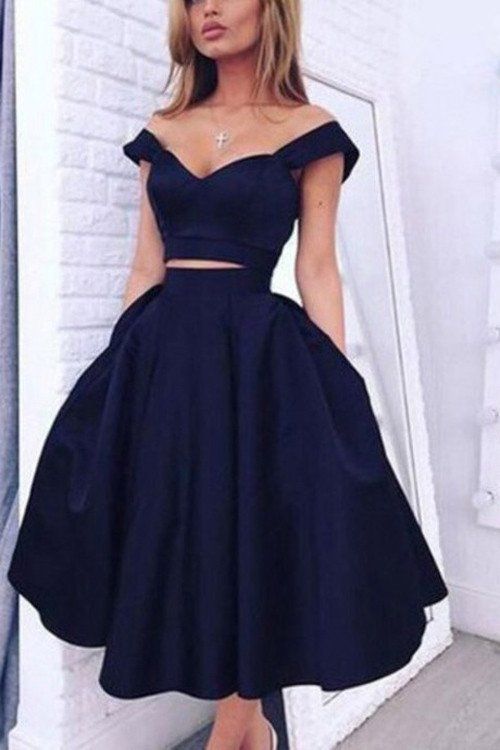 Elegant Two Pieces Off Shoulder Dark Navy Short Homecoming Party .