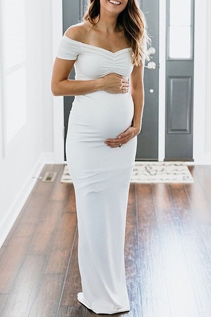 Simple White Off Shoulder Long Maxi Formal Maternity Gown .