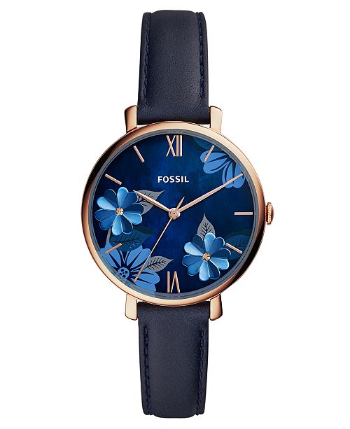 Fossil Women's Jacqueline Playful Floral Blue Leather Strap Watch .