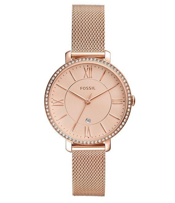 Fossil Jacqueline Three-Hand Rose Gold-Tone Mesh Stainless Steel .