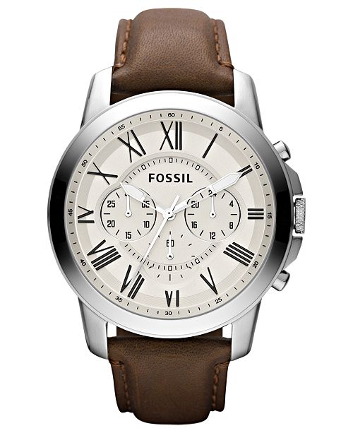 Fossil Men's Chronograph Grant Brown Leather Strap Watch 44mm .