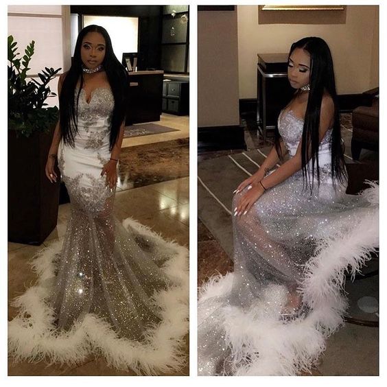 Black Girls Mermaid Feather Prom Dress Sparkling Silver Sequins .