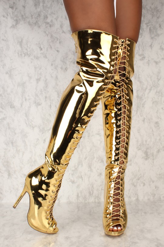 Sexy Mirror Gold Peep Toe High Heels Thigh High Boots Pate