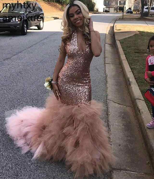 2020 New African Black Girls Sequined Pink Sexy Prom Dress Rose .