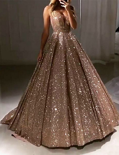 Chic A-line V neck Long Sparkly Gold Prom Dresses Evening Dress .