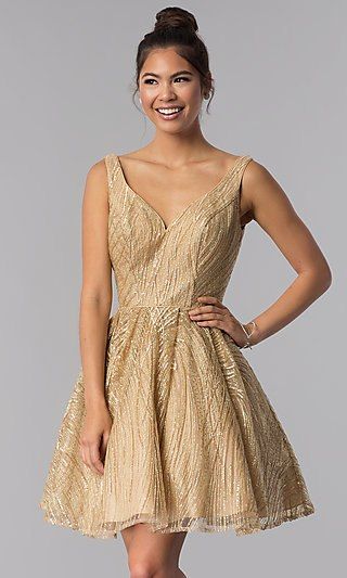 Shop v-neck short gold homecoming dresses at Simply Dresses .