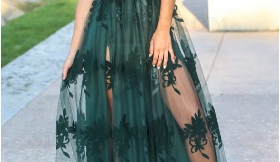Buy Glamorous Spaghetti Straps Long Dark Green Prom Dress with .