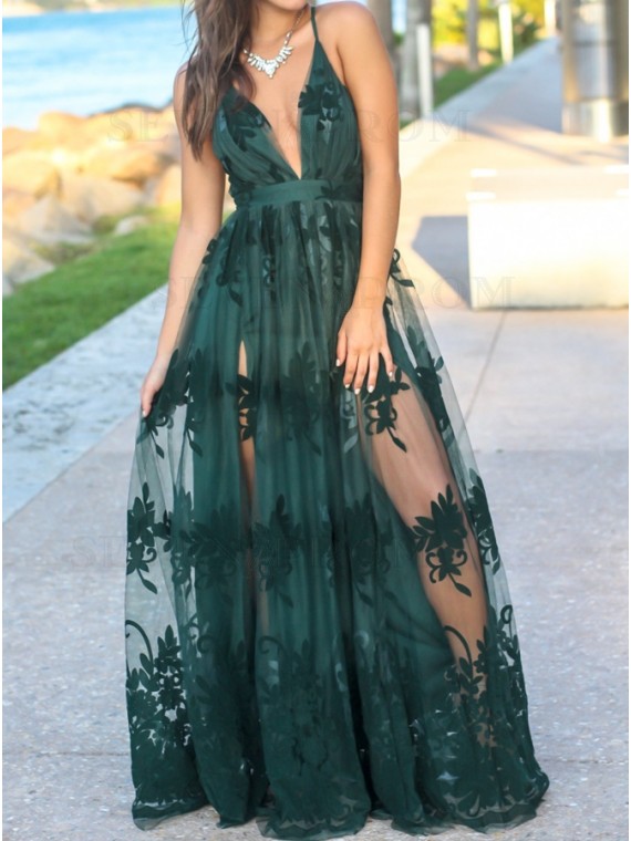 Buy Glamorous Spaghetti Straps Long Dark Green Prom Dress with .