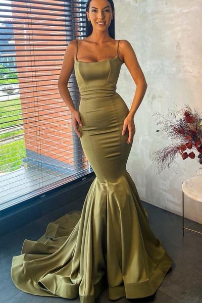 Square Neckline Olive Green Prom Dresses with Mermaid Skirt .