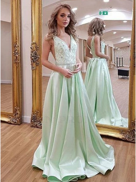 Buy A-Line V-Neck Sweep Train Green Prom Dress with Pockets from .
