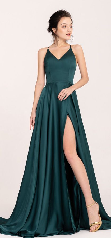 Dark Green Pretty Backless Slitted Prom Dresses Long | Green prom .