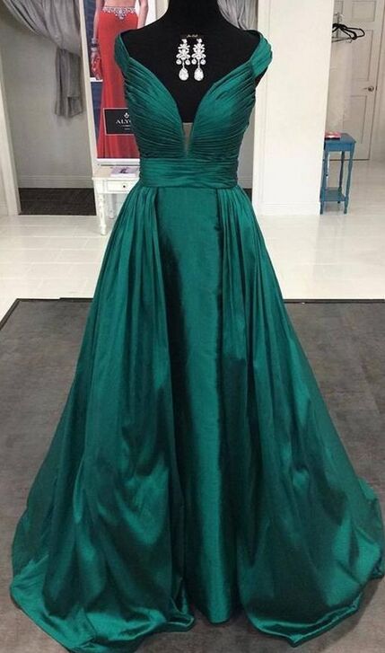 Dark Green Deep V-neck Long Prom Dresses,Simple Evening Dresses .