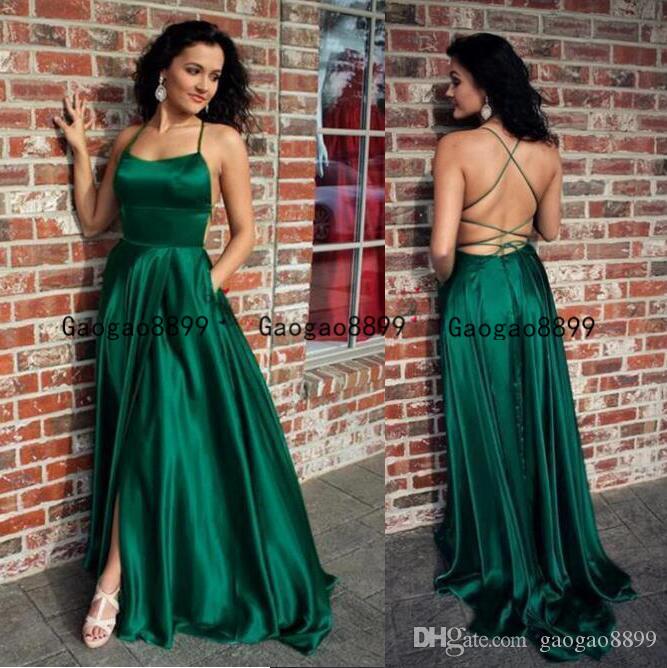 2020 Sexy Slit A Line Halter Neck Backless Long Emerald Green Prom .