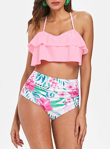 WMNS Two Layered Halter Top Bikini Set - Retro High Waist Bottoms .