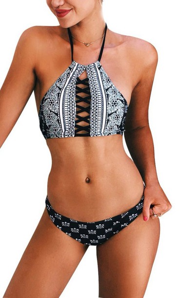 swimwear, black, white, halter top, halter bikini, bikini top .