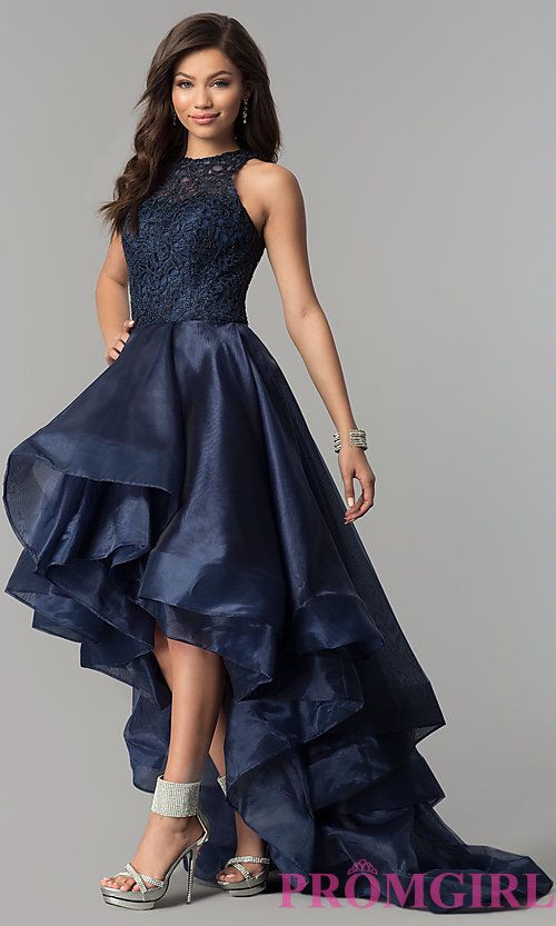 High-Low Navy Organza Prom Dress with Lace Bodice | High low prom .