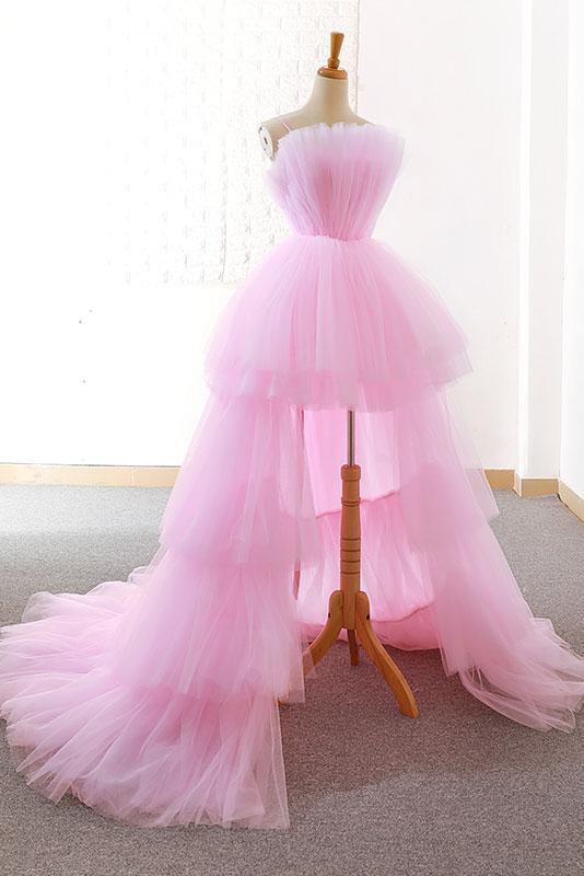 A-line Pink High Low Prom Dress Tulle Cheap Formal Dresses Evening .