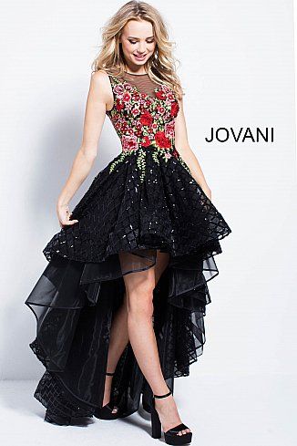 Black Multi Floral High Low Sleeveless Prom Dress 55727 .