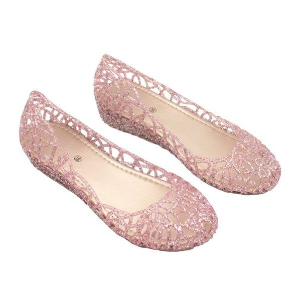 Womens Hollow Glitter Crystal Ballet Flat Jelly Shoes - Pink .