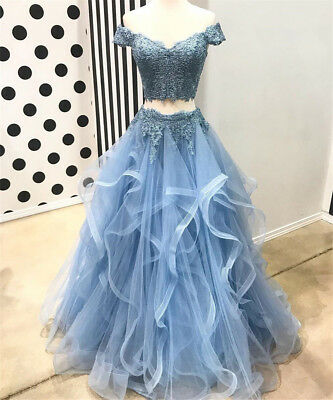 New 2 Piece Ruffles Tiered Lace Organza Junior Prom Dresses .
