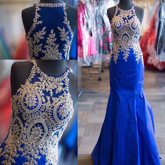 Long Junior Blue Mermaid Halter Sleeveless Appliques Prom Dresses .