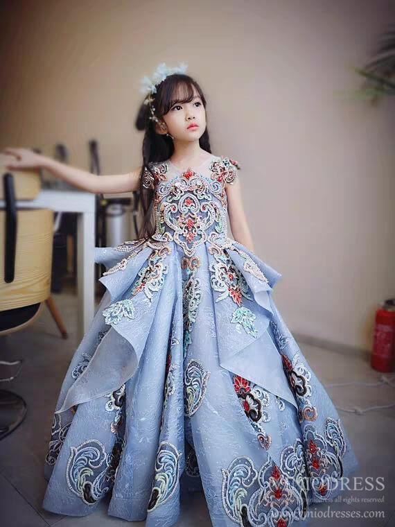 Dusty Blue Lace Ball Gown for Kids Beaded Princess Dresses FD2269C .