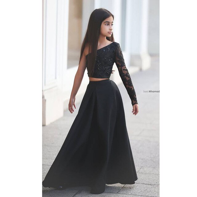 Said Mhamad Black One Shoulder Long Sleeve Kids Prom Dresses A .